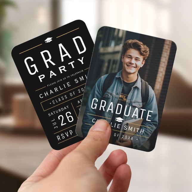 Mini Typographie Noire Invitation de diplôme de ph (Mini Black Typography Photo Graduation Invite)