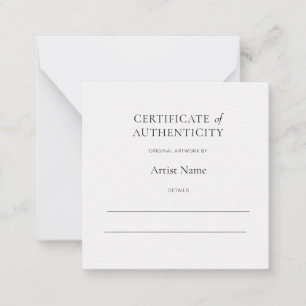 Mini White Certificate of Authenticity for Art Card