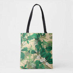 Mini white flowers with leaves pattern tote bag