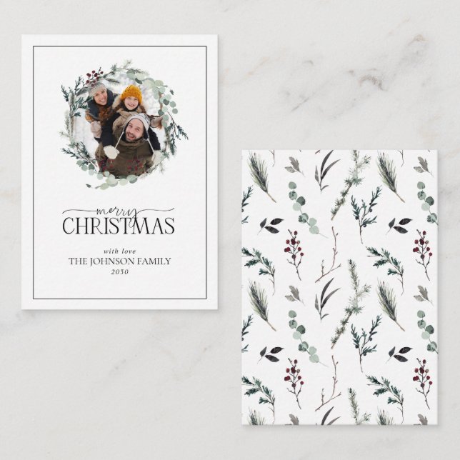 Mini Winter Botanical Wreath Photo Merry Christmas Card (Front/Back)
