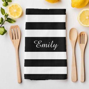 Minialist Black & White Stripes Pattern Name Print Kitchen Towel