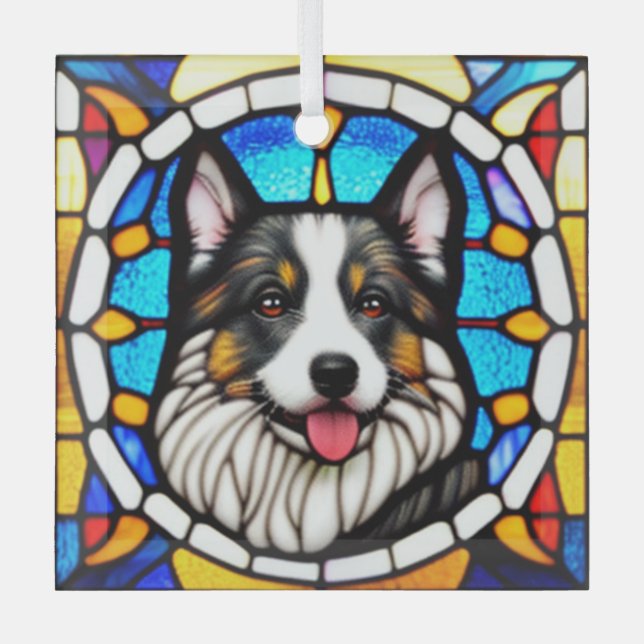 Miniature American Shepherd Dog "Stained Glass"  Glass Ornament (Front)