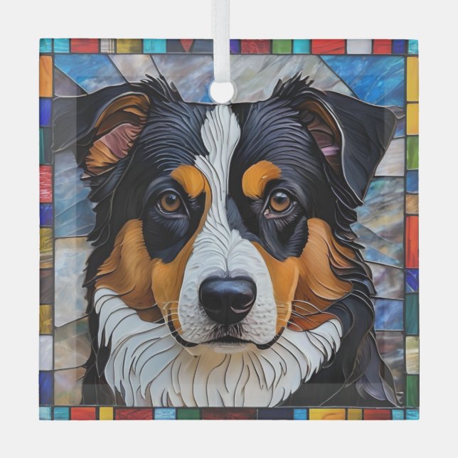 Miniature American Shepherd Dog "Stained Glass" Glass Ornament (Front)