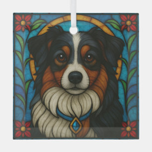 Miniature American Shepherd Dog "Stained Glass"  Glass Ornament
