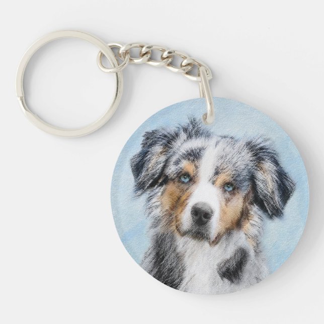 Miniature American Shepherd Painting - Dog Art Keychain (Front)