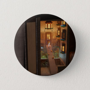 Miniature bookshelf alley - reading on stairs 2 inch round button