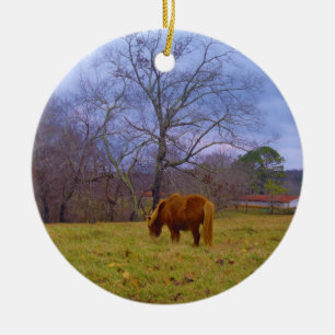 Miniature brown horse blustery sky ceramic ornament