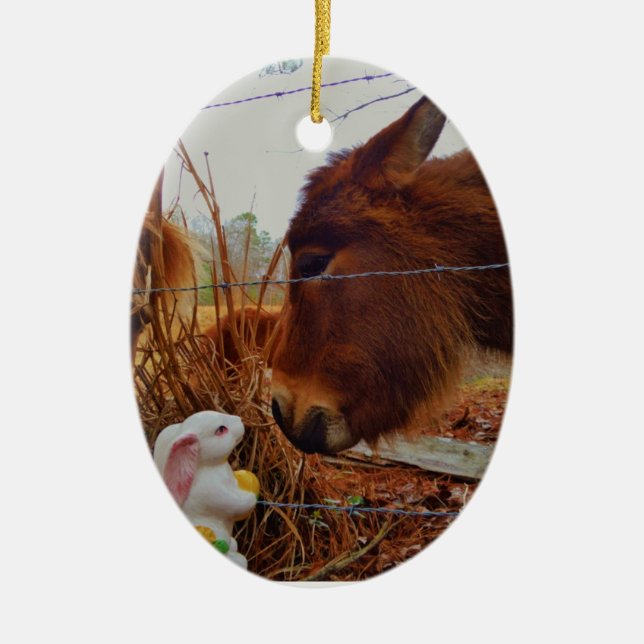 Miniature Brown horse & Easter Bunny Ceramic Ornament (Front)