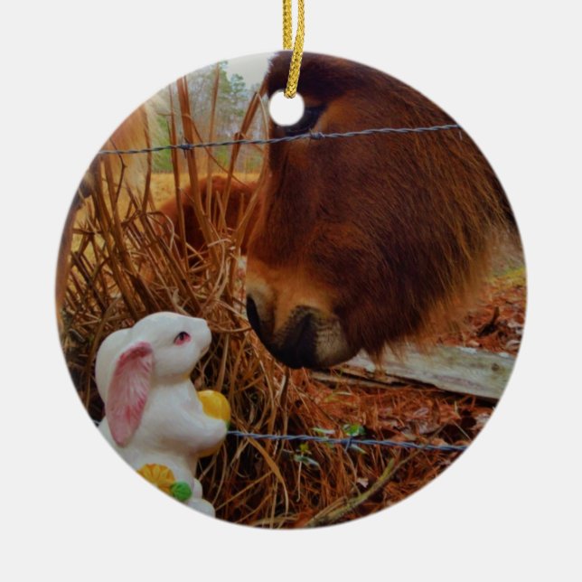 Miniature Brown horse & Easter Bunny Ceramic Ornament (Front)