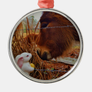 Miniature Brown horse & Easter Bunny Metal Ornament