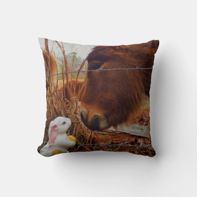 Miniature Brown horse & Easter Bunny Throw Pillow (Front)
