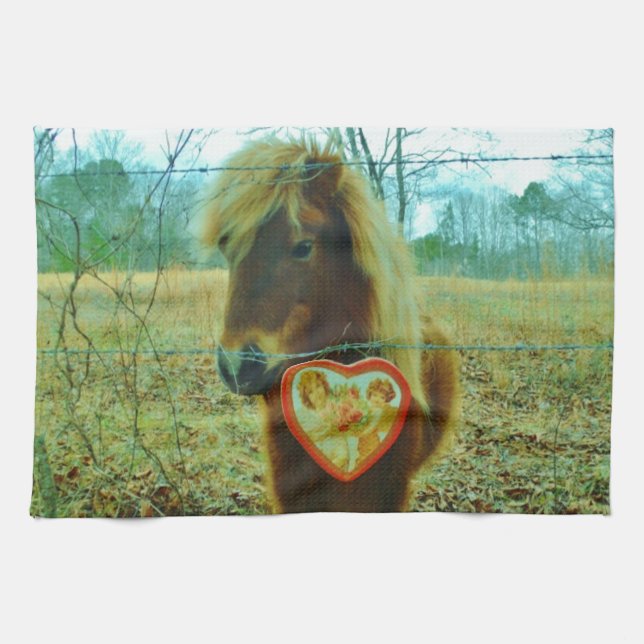Miniature Brown horse Valentine Heart Kitchen Towel (Horizontal)