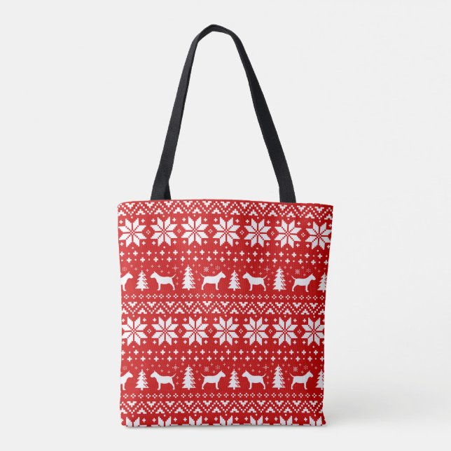 Miniature Bull Terriers Christmas Pattern Red Tote Bag (Back)