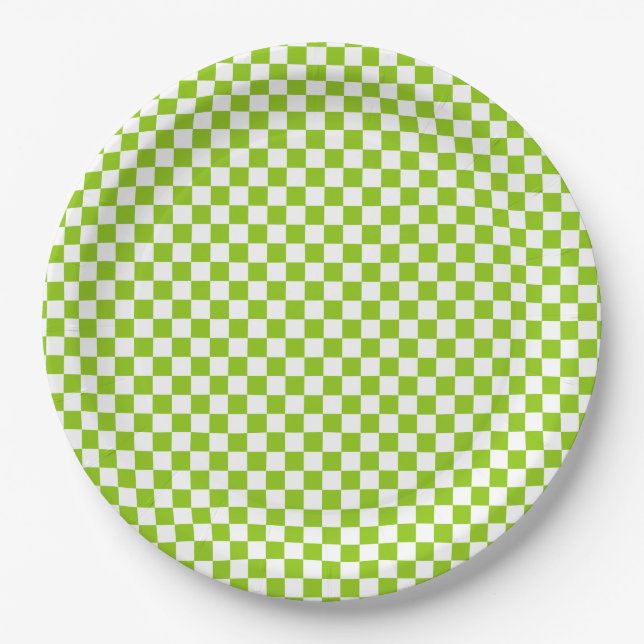 Miniature Check Pattern in Lime Green and White Paper Plate (Front)