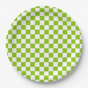 Miniature Checked Pattern in Lime Green and White Paper Plate