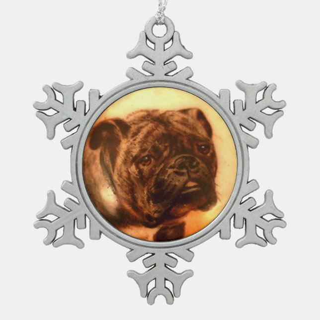 MINIATURE DOG PORTRAITS Bulldog Snowflake Pewter Christmas Ornament (Front)