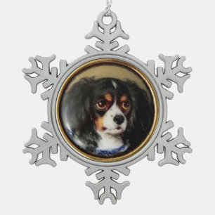 MINIATURE DOG PORTRAITS Tricolor Spaniel Snowflake Pewter Christmas Ornament