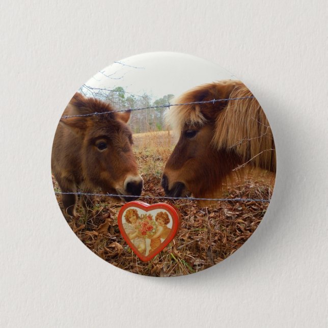 Miniature Donkey & Horse Valentine Heart 2 Inch Round Button (Front)
