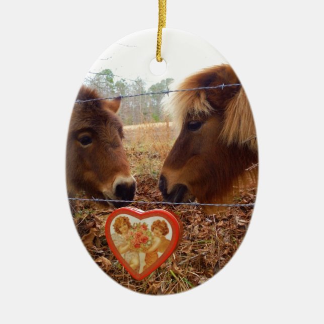 Miniature Donkey & Horse Valentine Heart Ceramic Ornament (Front)