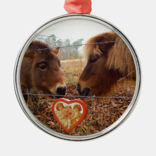 Miniature Donkey & Horse Valentine Heart Metal Ornament