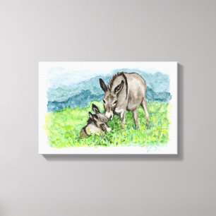 Miniature Donkey Mom and Baby Watercolor Art Canvas Print