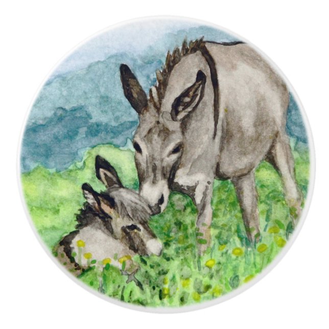 Miniature Donkey Mom and Baby Watercolor Art Ceramic Knob (Front)