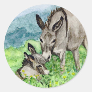 Miniature Donkey Mom and Baby Watercolor Art Classic Round Sticker