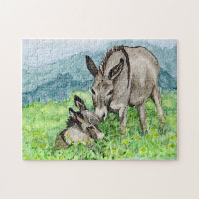 Miniature Donkey Mom and Baby Watercolor Art Jigsaw Puzzle (Horizontal)