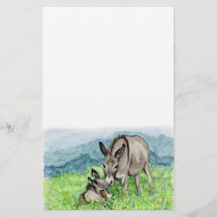 Miniature Donkey Mom and Baby Watercolor Art Stationery