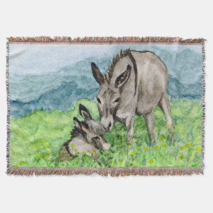 Miniature Donkey Mom and Baby Watercolor Art Throw Blanket