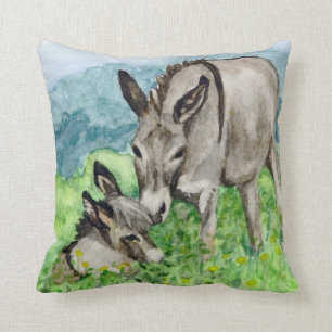 Miniature Donkey Mom and Baby Watercolor Art Throw Pillow