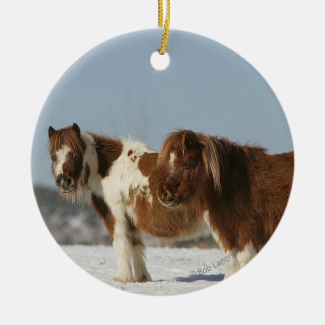 Miniature Horses Standing in the Snow Ceramic Ornament (Front)
