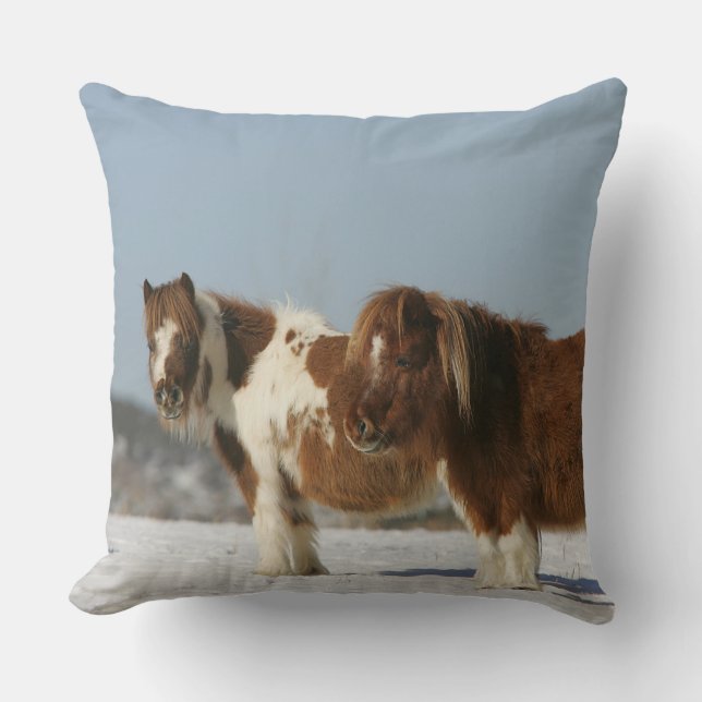 Miniature Horses Standing in the Snow Throw Pillow (Front)