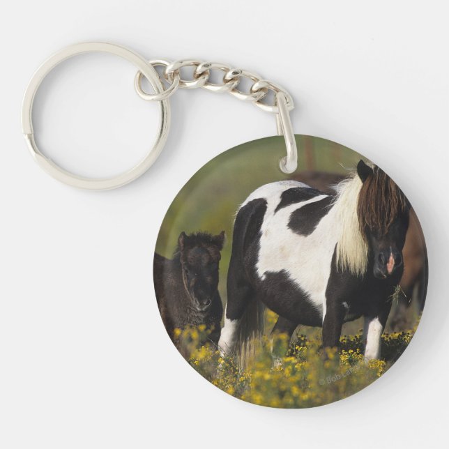 Miniature Mare & Foal in the Flowers Keychain (Front)