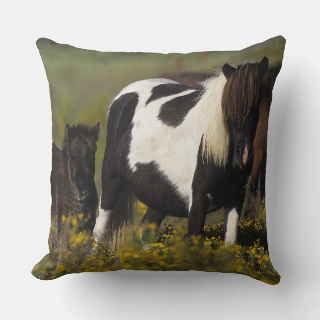 Miniature Mare & Foal in the Flowers Throw Pillow (Front)