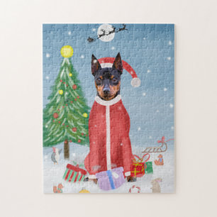 Miniature Pinsch Dog in Snow with Christmas Gifts  Jigsaw Puzzle