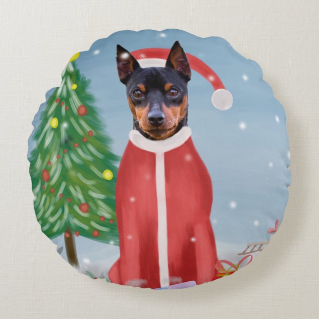 Miniature Pinsch Dog in Snow with Christmas Gifts  Round Pillow (Front)
