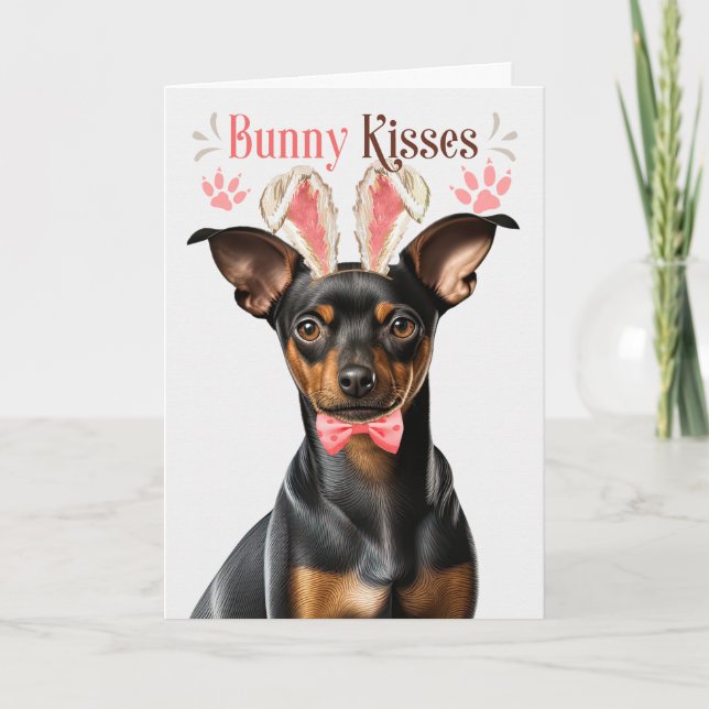 Miniature Pinscher Dog Bunny Ears for Easter Holiday Card (Front)