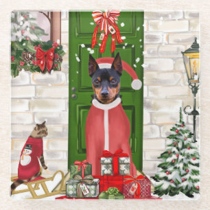 Miniature Pinscher Dog Christmas  Glass Coaster