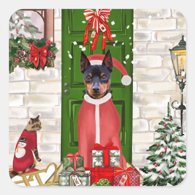 Miniature Pinscher Dog Christmas  Square Sticker (Front)