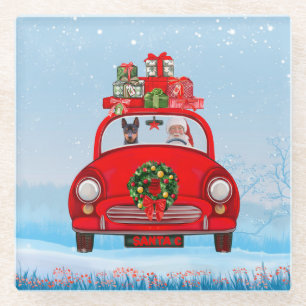 Miniature Pinscher Dog In Car With Santa Claus Glass Coaster