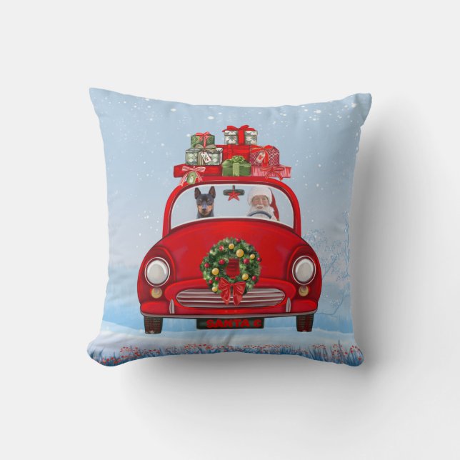 Miniature Pinscher Dog In Car With Santa Claus Throw Pillow (Front)