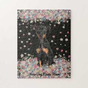 Miniature Pinscher sitting flower land Jigsaw Puzzle