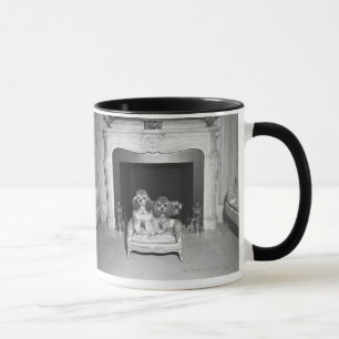 Miniature poodles sitting in front of fireplace mug