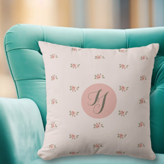 Miniature Roses & Monogram Throw Pillow