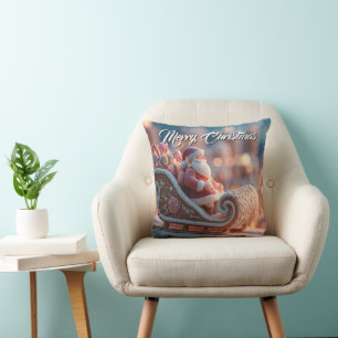 Miniature Santa in Gingerbread Sleigh Throw Pillow