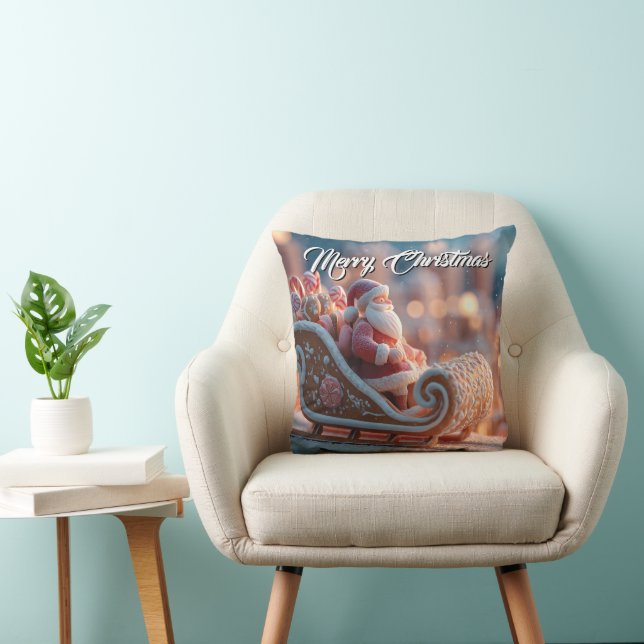 Miniature Santa in Gingerbread Sleigh Throw Pillow (Chair)