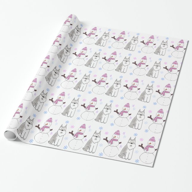 Miniature Schnauzer And Snowman Wrapping Paper (Unrolled)