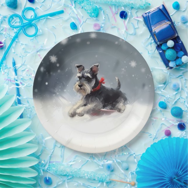 Miniature Schnauzer Christmas snow winter Paper Plate (Party)