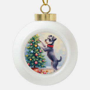 Miniature Schnauzer Decorating Christmas Tree Dog  Ceramic Ball Christmas Ornament